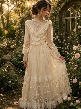 Cream Lace Ruffled Maxi Dress size small